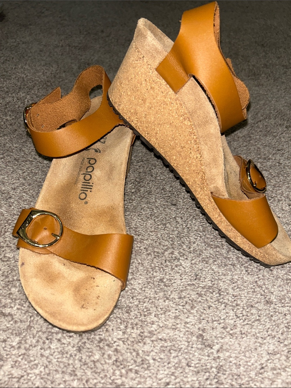Papillio Tan Leather Cork Wedge Sandals with Gold Buckles